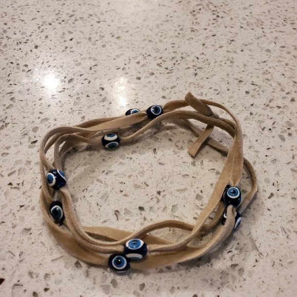 Set 4 Boho Velvet Long Necklace Wrap Bracelets Evil Eye Tan White Pink Navy Blue - Picture 10 of 11